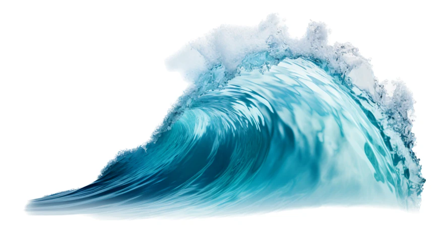 Powerful blue ocean wave with white foam isolated on white