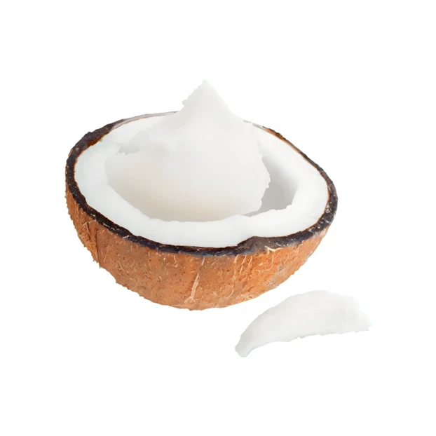 Coconut oil in a half shell on white background