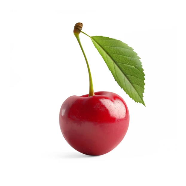 Single ripe red cherry with green leaf on white background