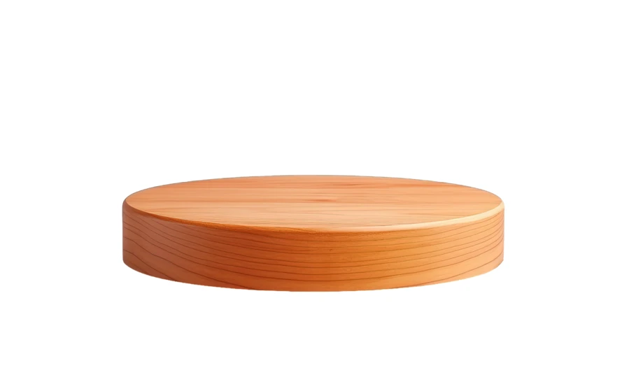 Round wooden pedestal for product display on white background