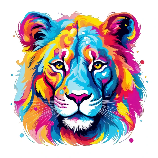 Colorful pop art lion head illustration on white background
