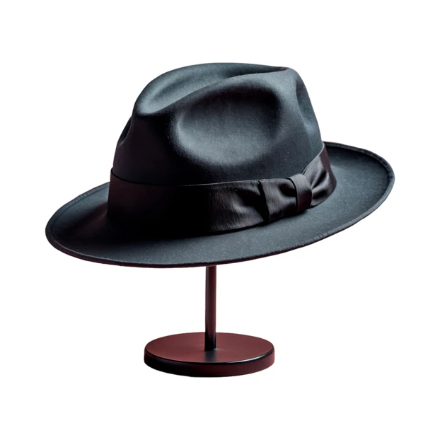 Classic black felt fedora hat on a display stand