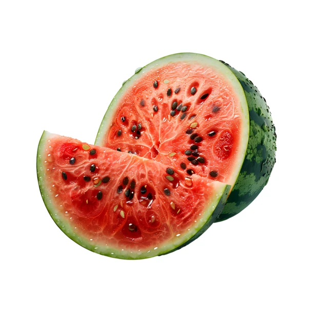 Fresh sliced watermelon with red flesh on white background