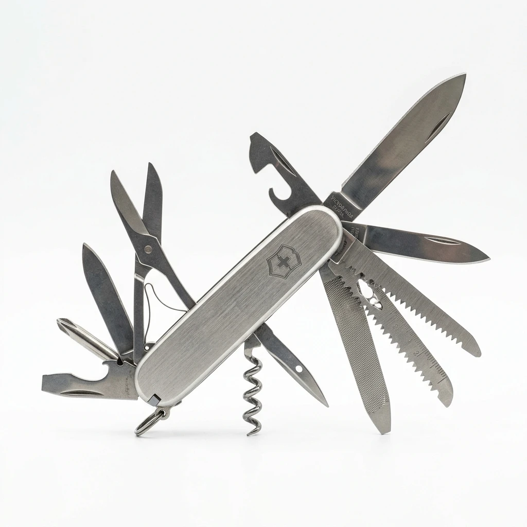 Stainless steel multi-tool pocket knife with tools open