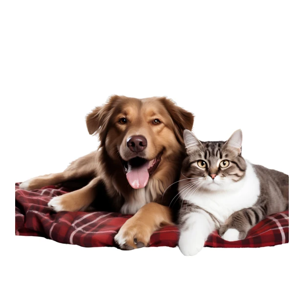 Happy dog and cat lying together on a plaid blanket