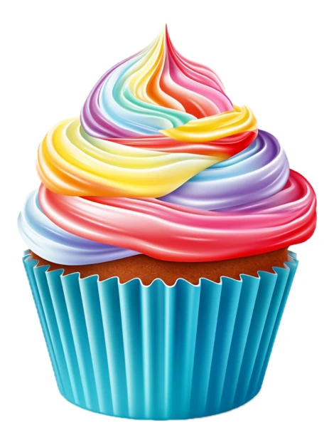 Colorful rainbow swirl frosting cupcake isolated on white background