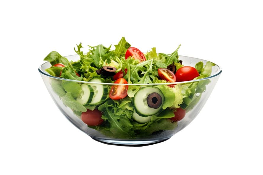 Fresh garden salad with tomatoes and cucumbers in glass bowl