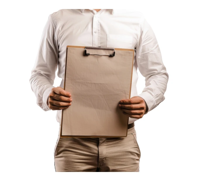 Man in white shirt holding a blank clipboard