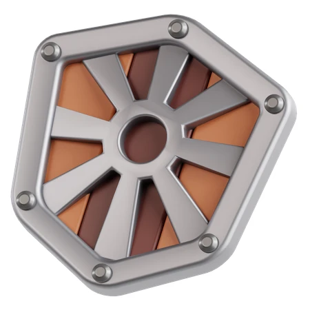 Stylized pentagonal shield with metallic frame and wooden pattern