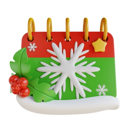 3D Christmas calendar icon with snowflake and holly berries