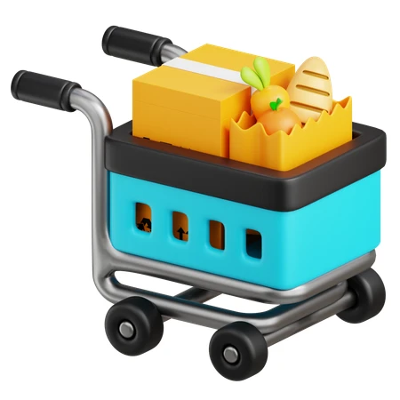 3D shopping cart with grocery bag and delivery box