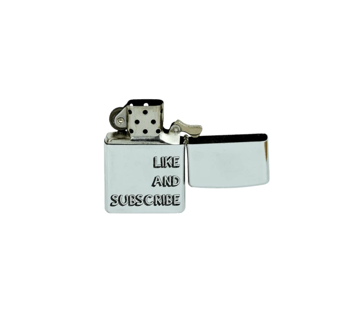 Silver metal lighter with Like and Subscribe engraved text