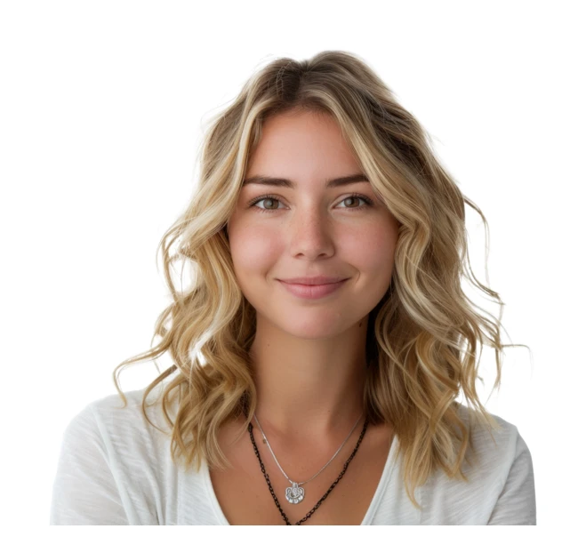 Smiling young woman with wavy blonde hair isolated on white