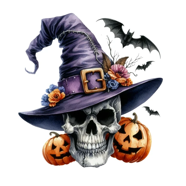 Halloween skull wearing witch hat with pumpkins and bats
