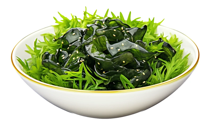 Fresh seaweed salad with sesame seeds in a white bowl