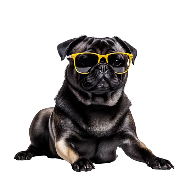 Black pug wearing yellow sunglasses isolated on white background