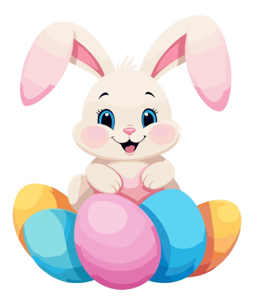 Cute cartoon Easter bunny with colorful eggs on white background