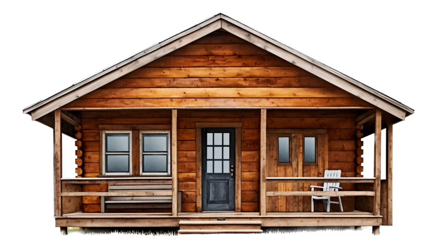Rustic wooden log cabin with porch isolated on white