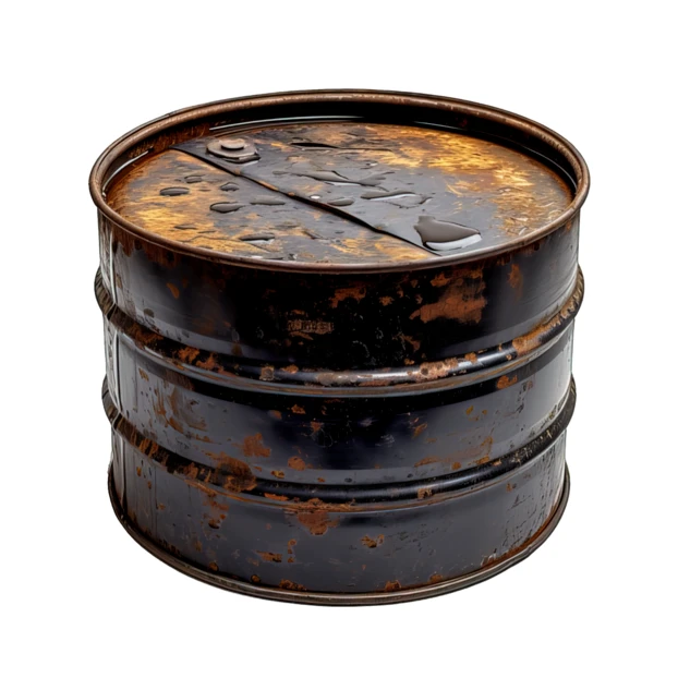 Old rusty black oil drum isolated on white background