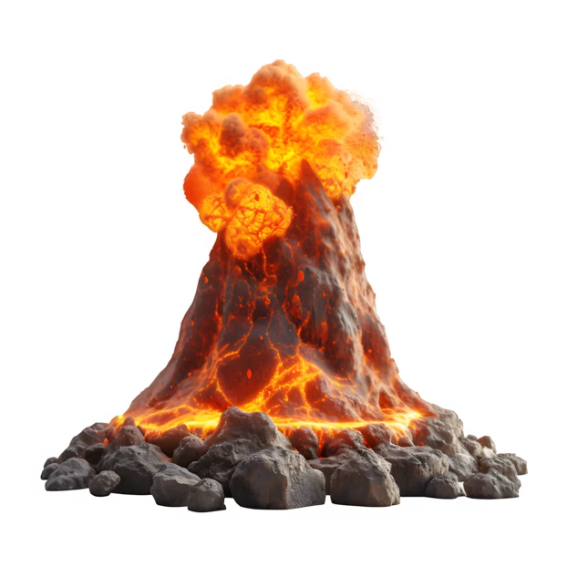 Erupting volcano with fire and smoke isolated on white background