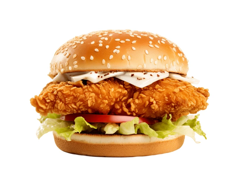 Crispy fried chicken burger with lettuce isolated on white background