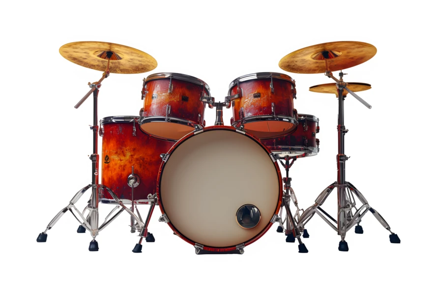 Professional wooden drum kit isolated on white background