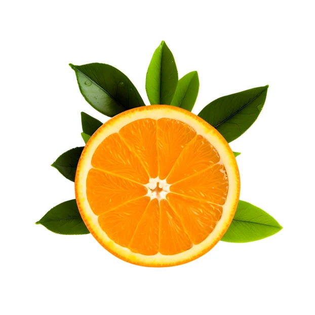 Fresh orange slice with green leaves isolated on white
