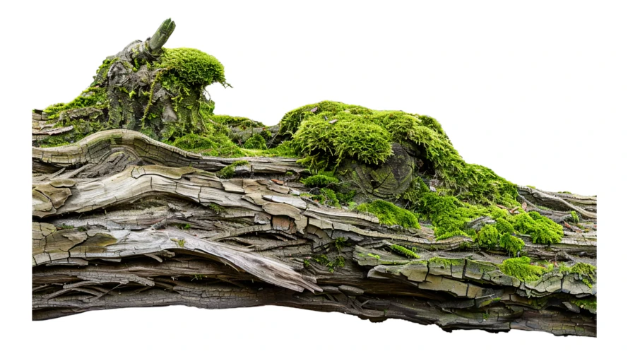 Old tree log covered with green moss isolated on white
