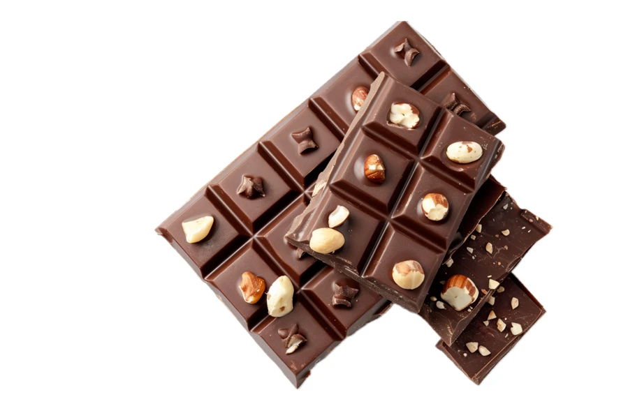 Dark chocolate bars with whole hazelnuts isolated on white