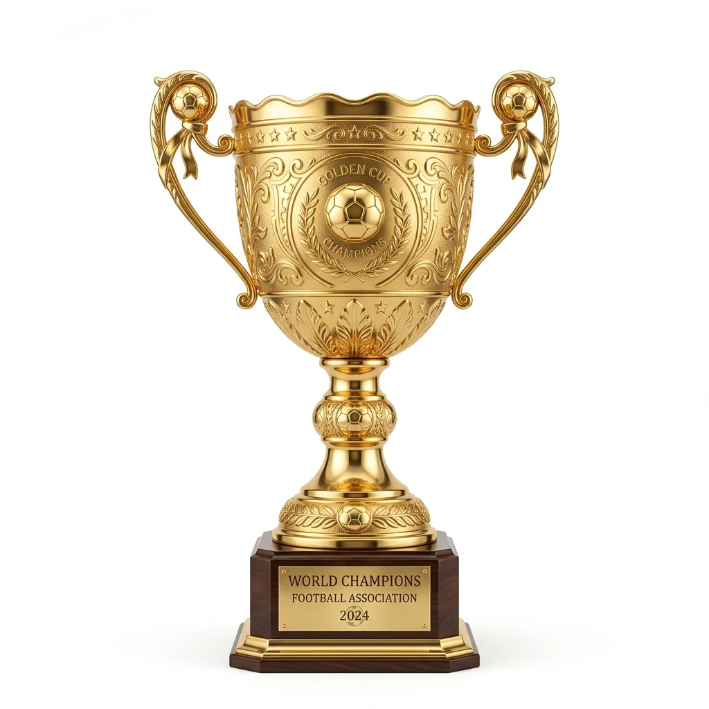 Ornate gold football championship trophy isolated on white background