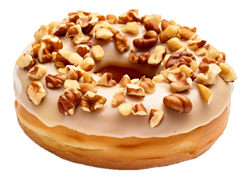 Fresh glazed donut topped with crunchy chopped walnuts