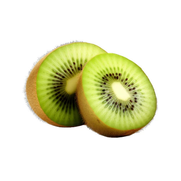Two fresh kiwi fruit halves on white background