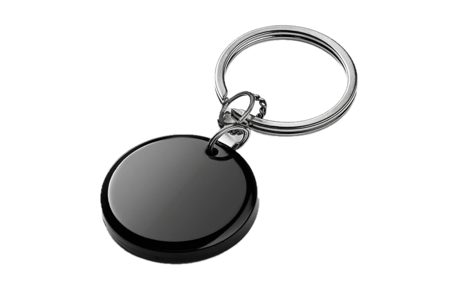 Blank round black keychain with metal ring isolated on white
