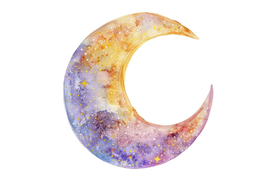 Watercolor crescent moon with galaxy texture and stars