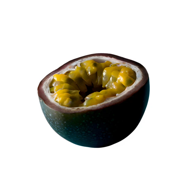 Half of a ripe passion fruit on white background