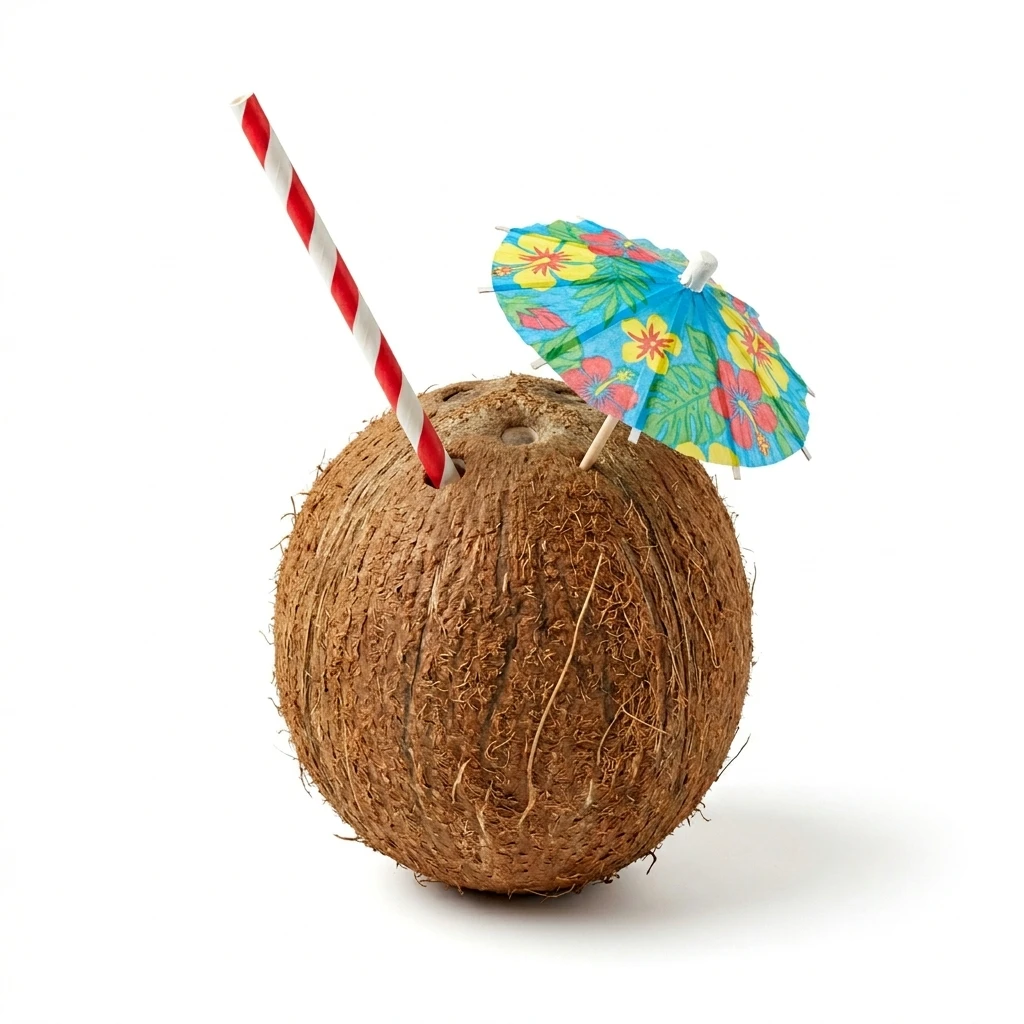 Tropical coconut drink with straw and umbrella on white background