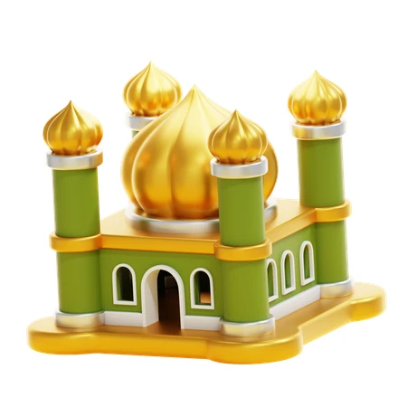 3D render of a green mosque with golden domes