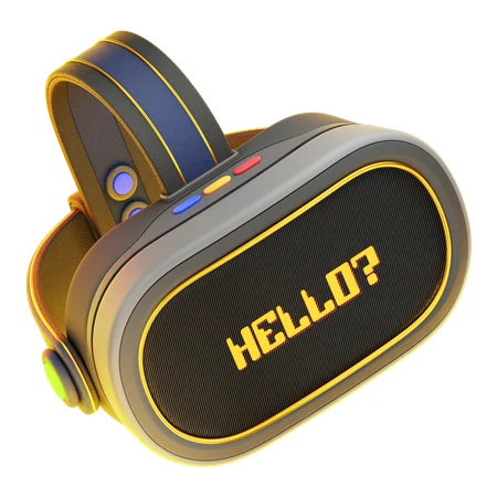 Stylized 3D VR headset with hello text on screen