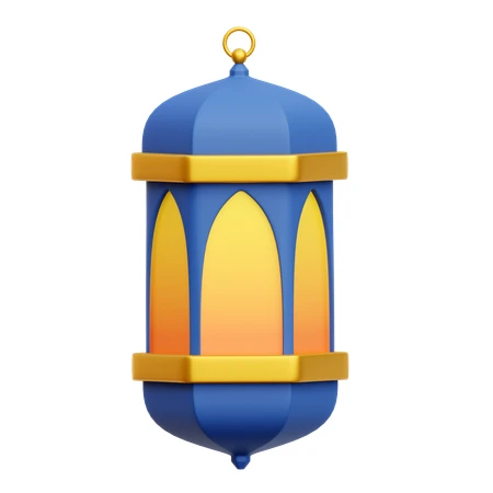 3D illustration of a blue and gold Ramadan lantern