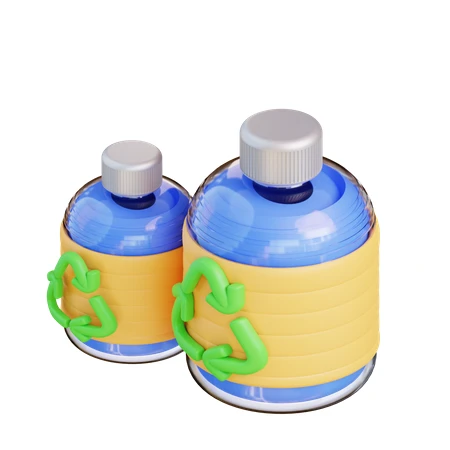 3D rendered plastic bottles with green recycling symbols