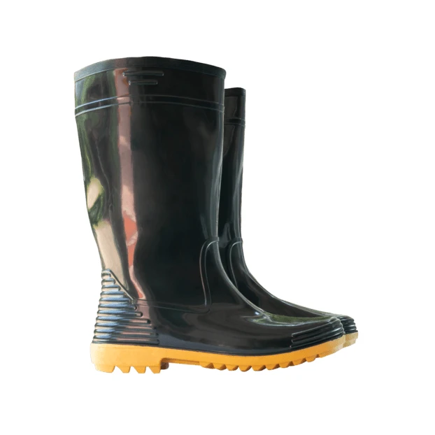 Pair of black rubber rain boots with yellow soles