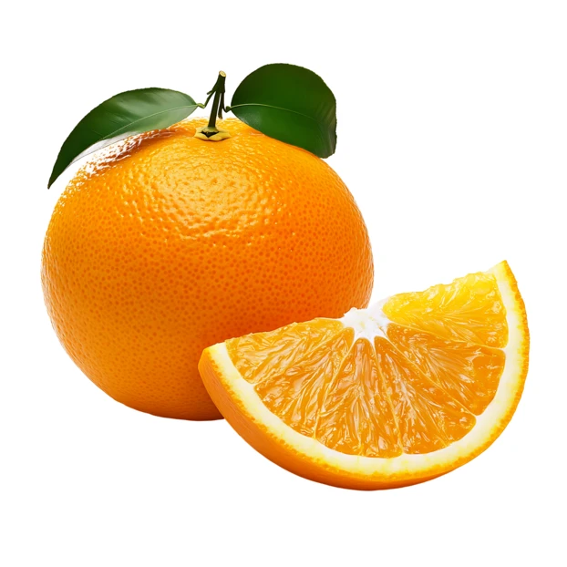 Whole orange with green leaves and a fresh slice