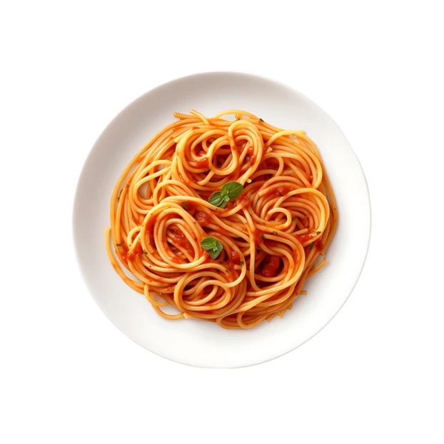 Top view of spaghetti with tomato sauce and basil