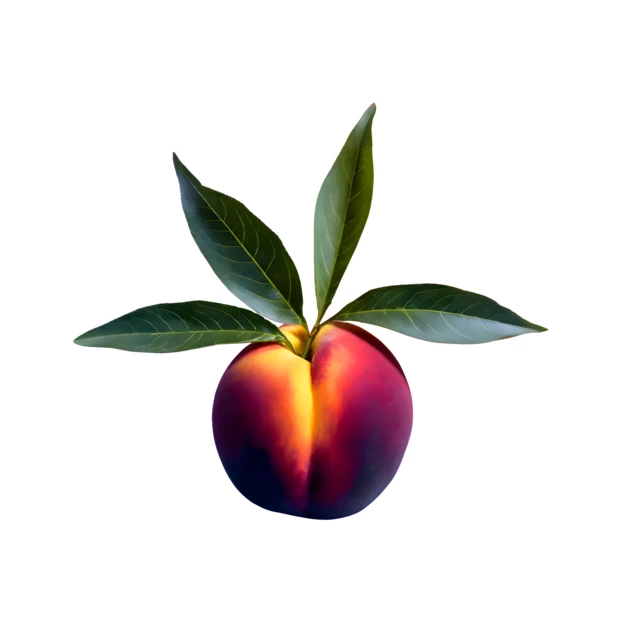 Single ripe peach with green leaves on white background