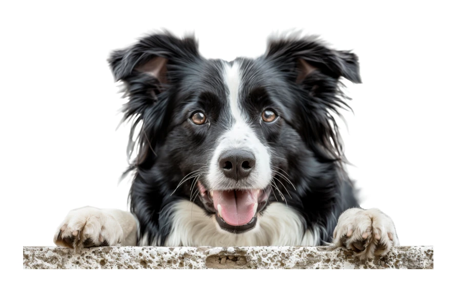 Border Collie dog peeking over stone ledge on white background