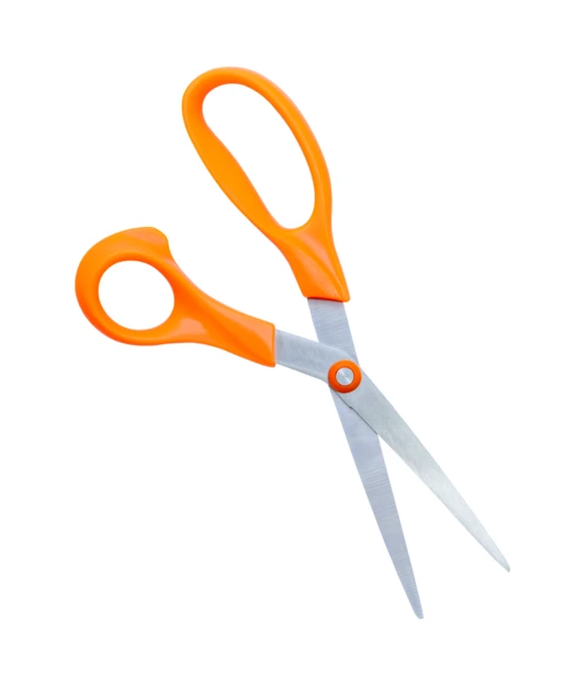 Open orange-handled scissors isolated on white background