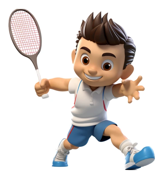 3D cartoon boy character playing tennis on white background