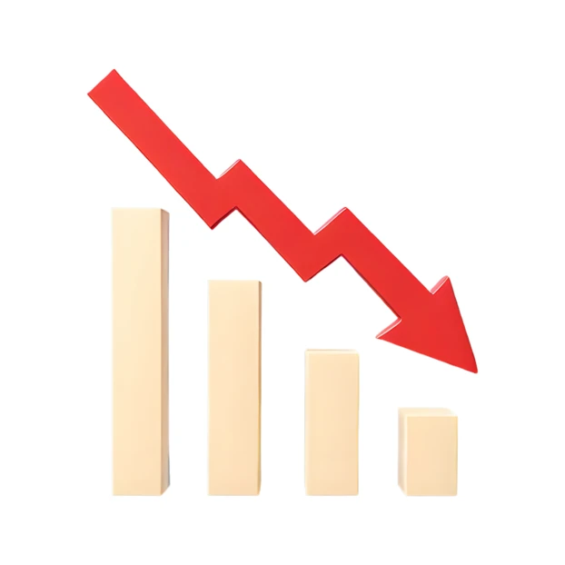 3D bar chart with red arrow showing downward business trend
