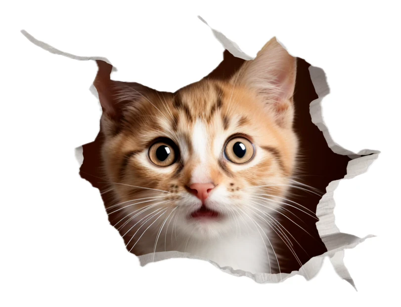 Curious ginger kitten peeking through a hole in white paper