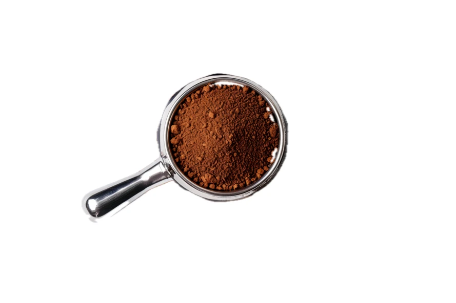 Top view of ground coffee powder in metal scoop